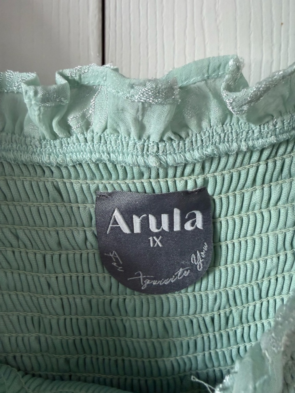 Arula Sage Green Smocked Mini Dress 1X Puff Sleeve Cottagecore Tiered - Picture 2 of 4